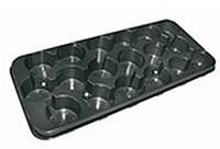 9 cm pot trays.  This item is on sale. 64 trays per pack.  Length 56 cm.  Width 25 cm.  Height 5 cm.  Pots per tray 18.  For pot size Ø 8, 8.5 and 9 cm